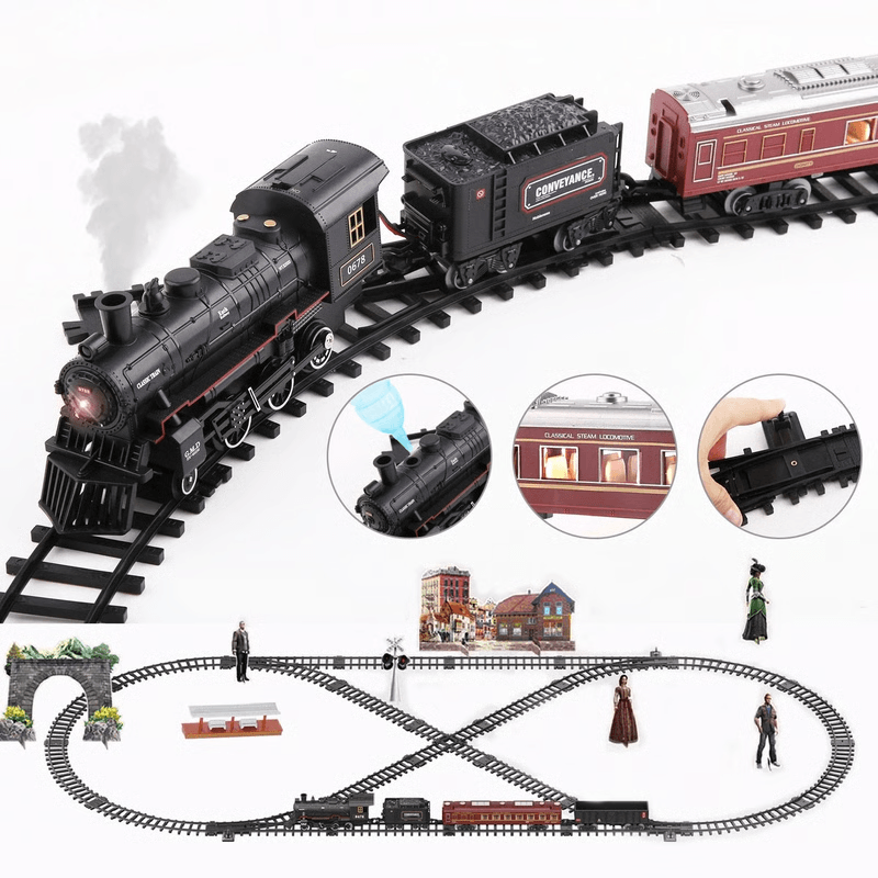 Electric Railway Train Set with Classical Steam Locomotive, Battery Operated, Smoke, Light & Sound