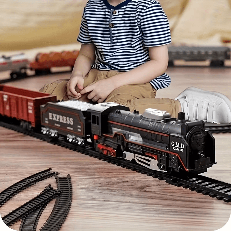 Electric Railway Train Set with Classical Steam Locomotive, Battery Operated, Smoke, Light & Sound