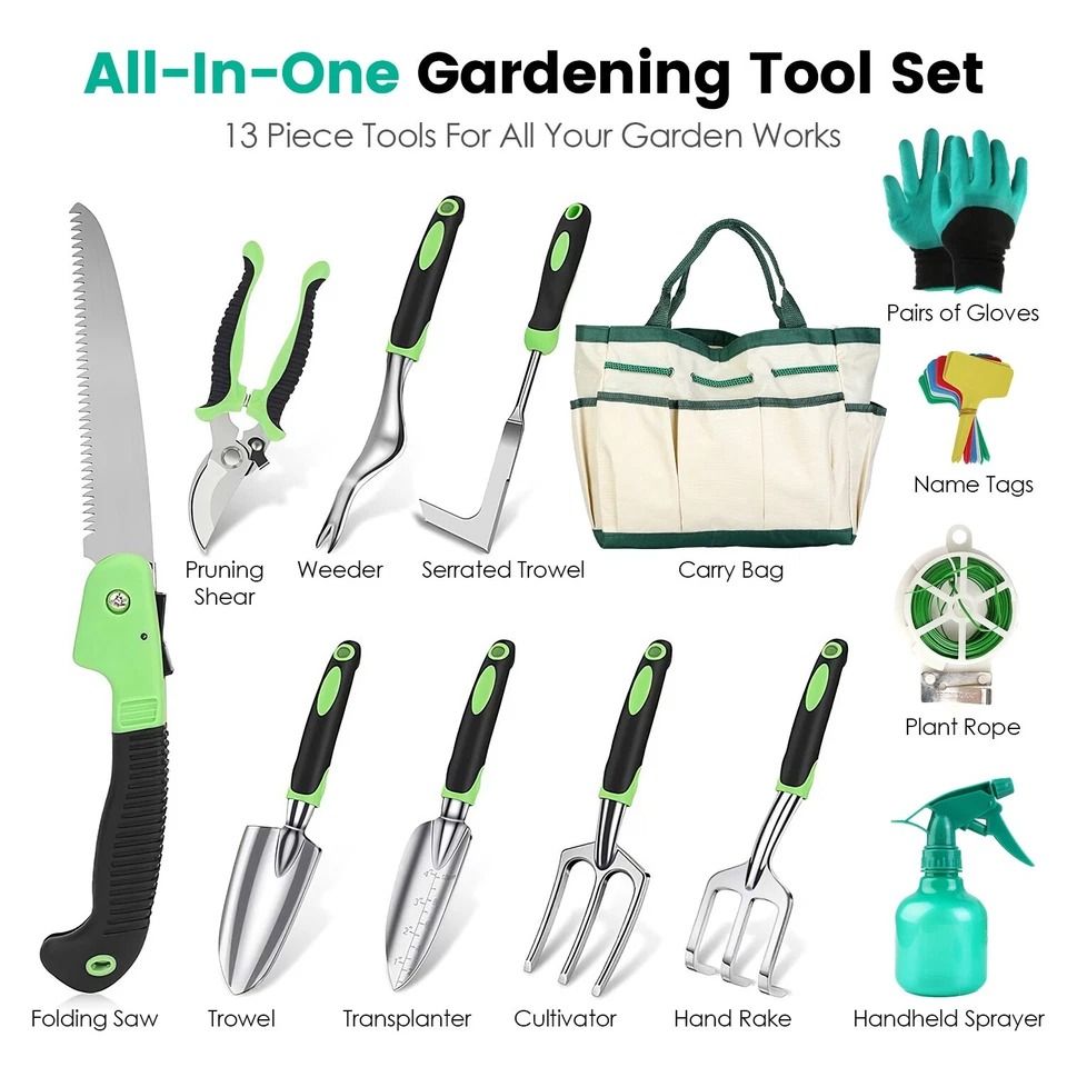 13 Piece Garden Tool Set with Aluminum Hand Tools and Carry Bag