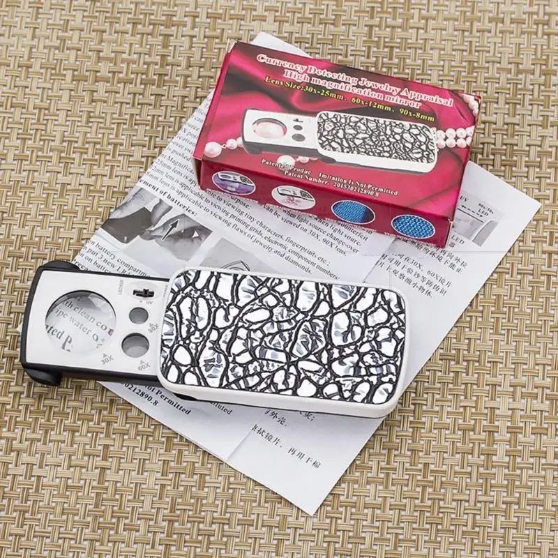 30X/60X/90X Illuminated Jewelers Loupe Pocket Magnifier with LED & UV Light