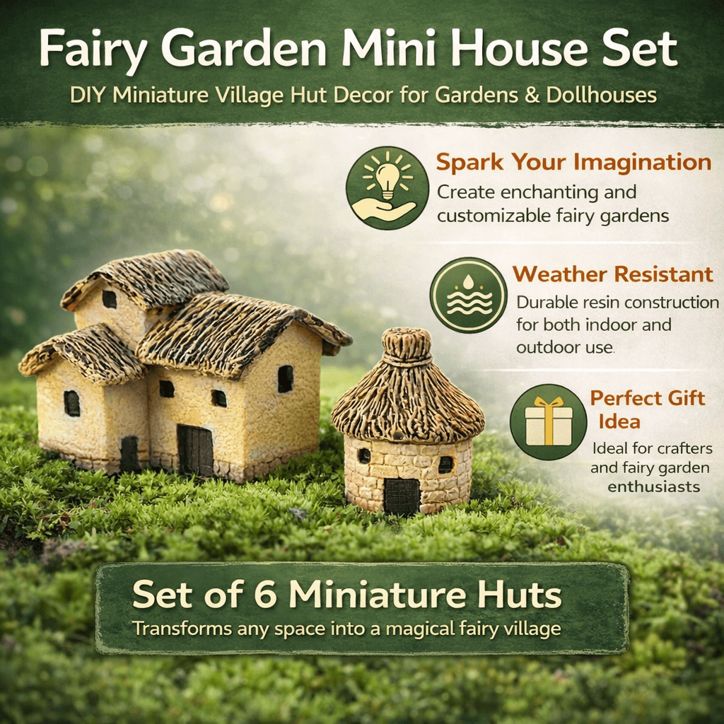 Fairy Garden Mini House Set (6PCS), DIY Miniature Village Hut Decor for Gardens & Dollhouses