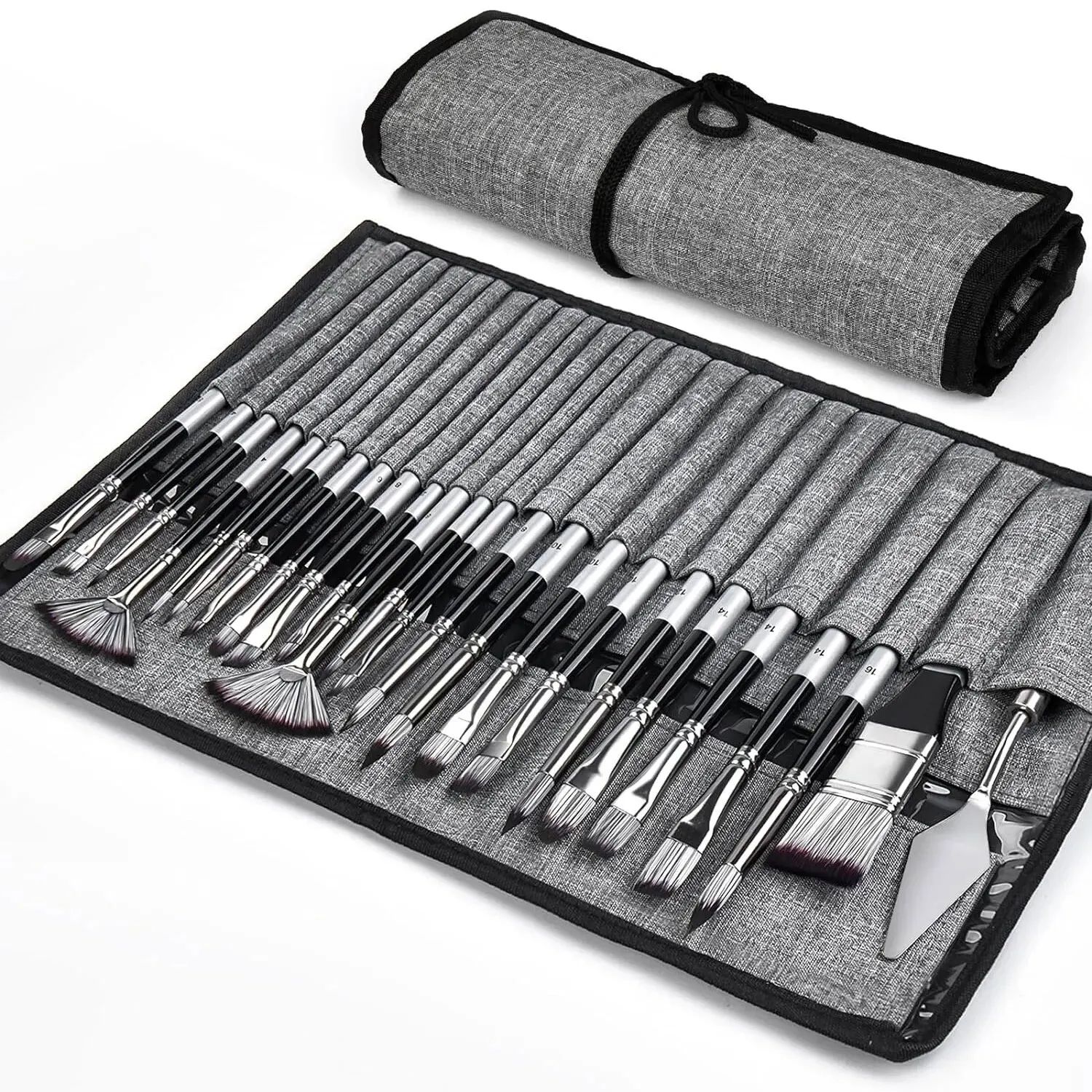 24 Piece Professional Paint Brush Set for Acrylic Oil and Watercolor Artists