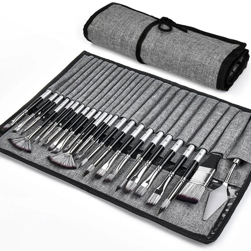24 Piece Professional Paint Brush Set for Acrylic Oil and Watercolor Artists