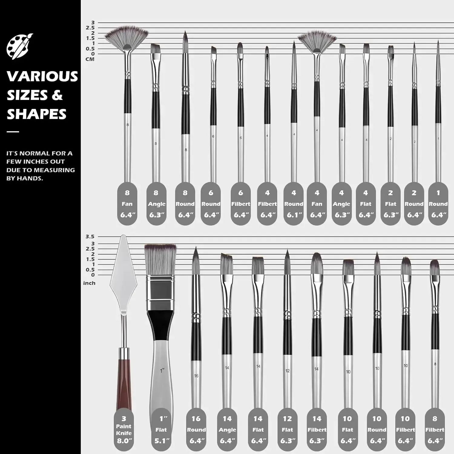 24 Piece Professional Paint Brush Set for Acrylic Oil and Watercolor Artists