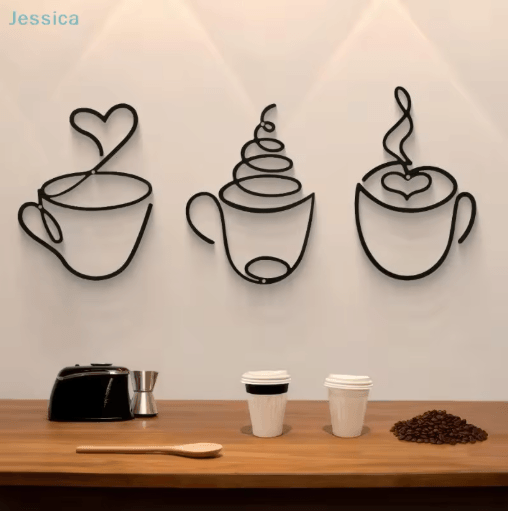 Metal Coffee Cup Wall Art Black Cafe Decor for Kitchen & Coffee Bar