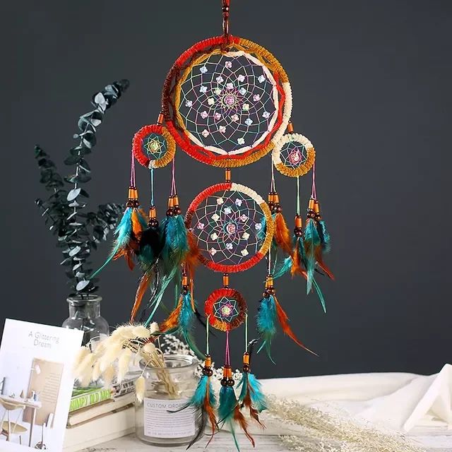 Handmade Five-Ring Dream Catcher Wall Hanging for Boho Bedroom and Living Room Decor