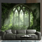 EtherealView Gothic Window Tapestry – Lush Green Landscape Wall Hanging Decor