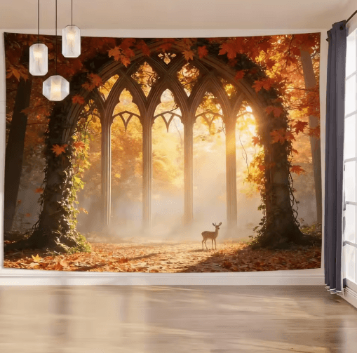 EtherealView Gothic Window Tapestry – Lush Green Landscape Wall Hanging Decor