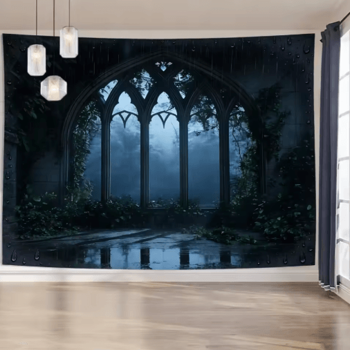 EtherealView Gothic Window Tapestry – Lush Green Landscape Wall Hanging Decor