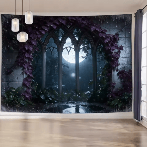 EtherealView Gothic Window Tapestry – Lush Green Landscape Wall Hanging Decor