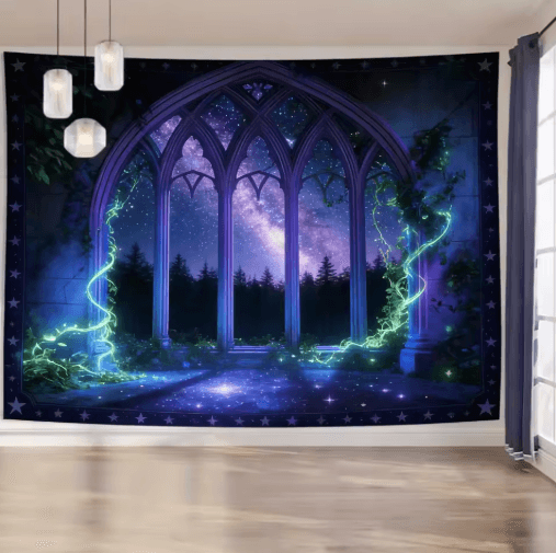 EtherealView Gothic Window Tapestry – Lush Green Landscape Wall Hanging Decor