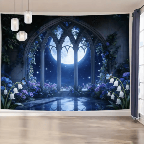 EtherealView Gothic Window Tapestry – Lush Green Landscape Wall Hanging Decor