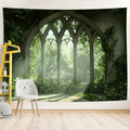 EtherealView Gothic Window Tapestry – Lush Green Landscape Wall Hanging Decor