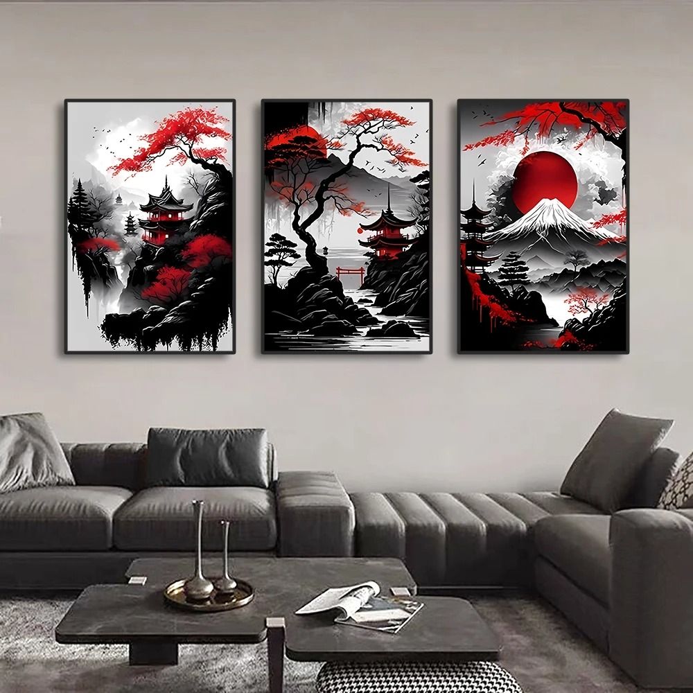 Vintage Nippon Landscape Triptych | Black & Red Japanese Canvas Art | Executive Studio & Zen Sanctuary Decor