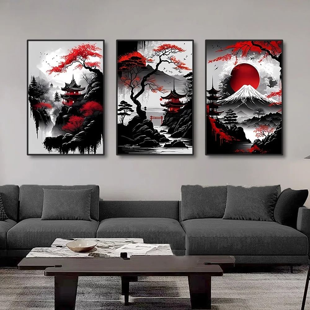 Vintage Nippon Landscape Triptych | Black & Red Japanese Canvas Art | Executive Studio & Zen Sanctuary Decor