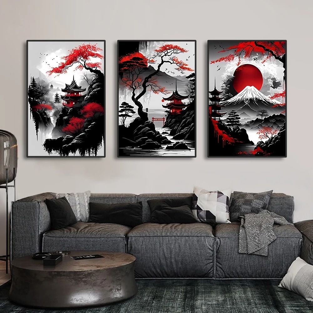 Vintage Nippon Landscape Triptych | Black & Red Japanese Canvas Art | Executive Studio & Zen Sanctuary Decor