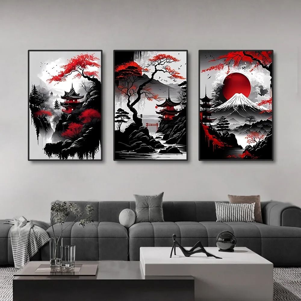Vintage Nippon Landscape Triptych | Black & Red Japanese Canvas Art | Executive Studio & Zen Sanctuary Decor