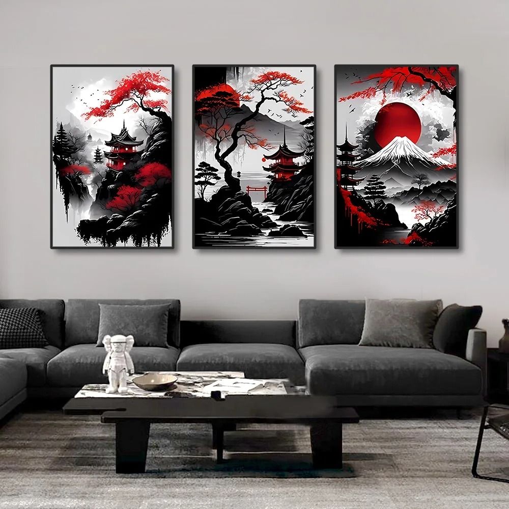 Vintage Nippon Landscape Triptych | Black & Red Japanese Canvas Art | Executive Studio & Zen Sanctuary Decor