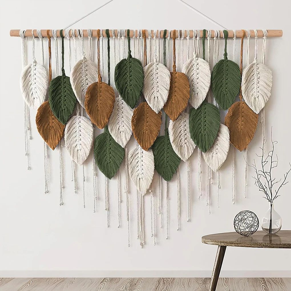 Large macrame wall hanging for boho wall decor with leaf woven tapestry