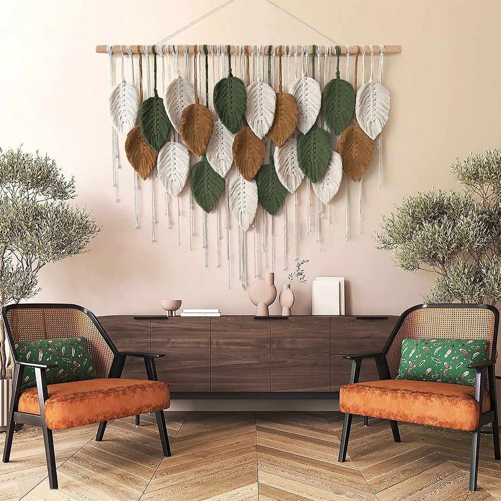Large macrame wall hanging for boho wall decor with leaf woven tapestry