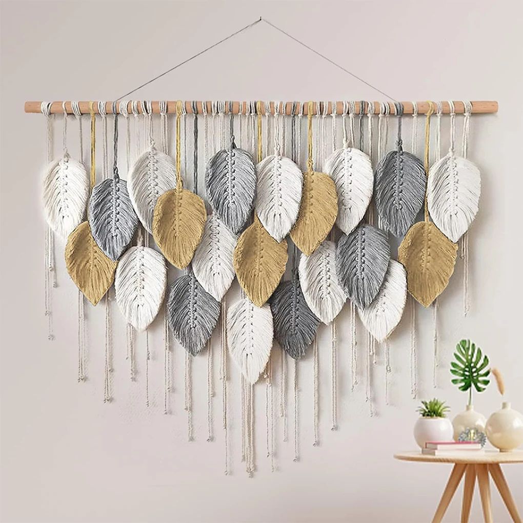 Large macrame wall hanging for boho wall decor with leaf woven tapestry