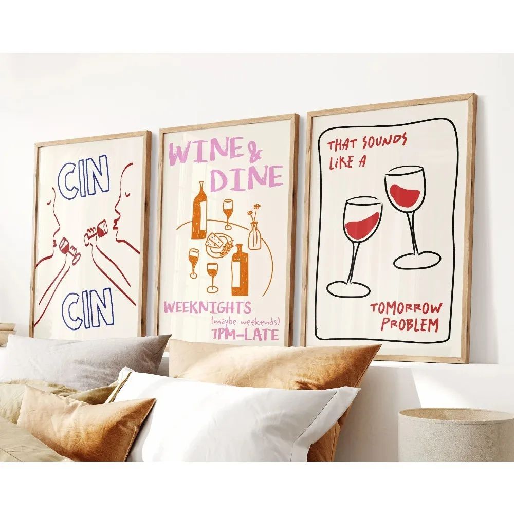 Frameless Cocktail Wall Art Set – Retro Happy Hour Wall Decor & Kitchen Wall Art Prints (3pcs)