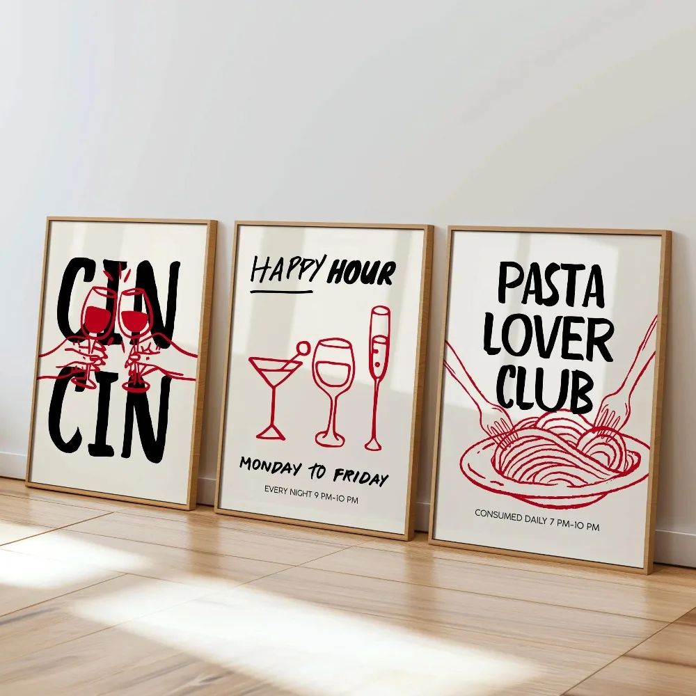 Frameless Cocktail Wall Art Set – Retro Happy Hour Wall Decor & Kitchen Wall Art Prints (3pcs)