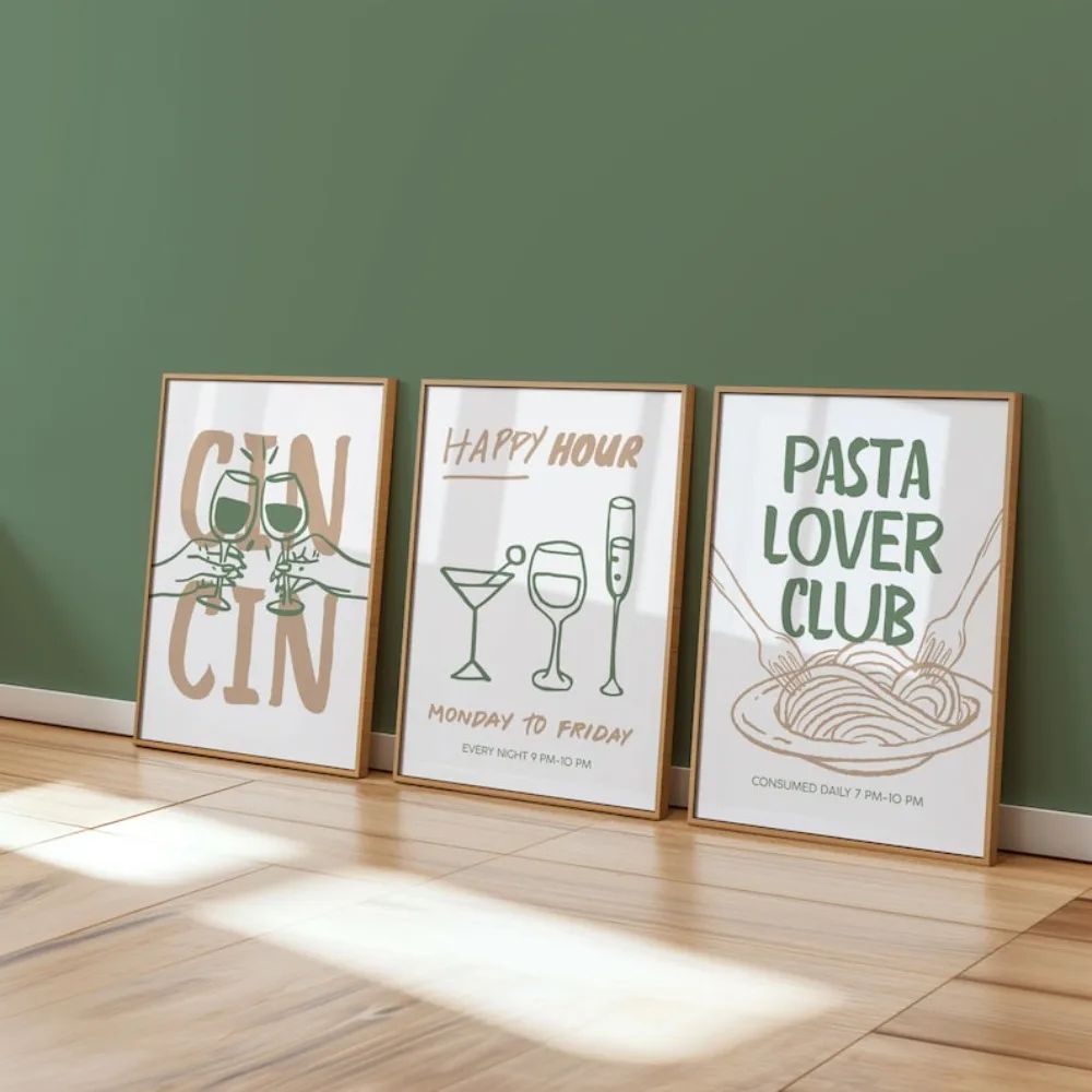 Frameless Cocktail Wall Art Set – Retro Happy Hour Wall Decor & Kitchen Wall Art Prints (3pcs)