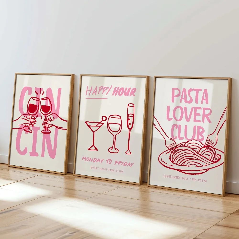 Frameless Cocktail Wall Art Set – Retro Happy Hour Wall Decor & Kitchen Wall Art Prints (3pcs)