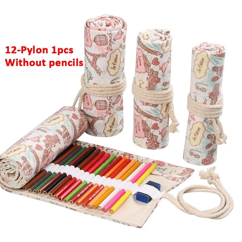 Canvas Roll Up Pencil Case 12 Slot Organizer for School and Art Supplies