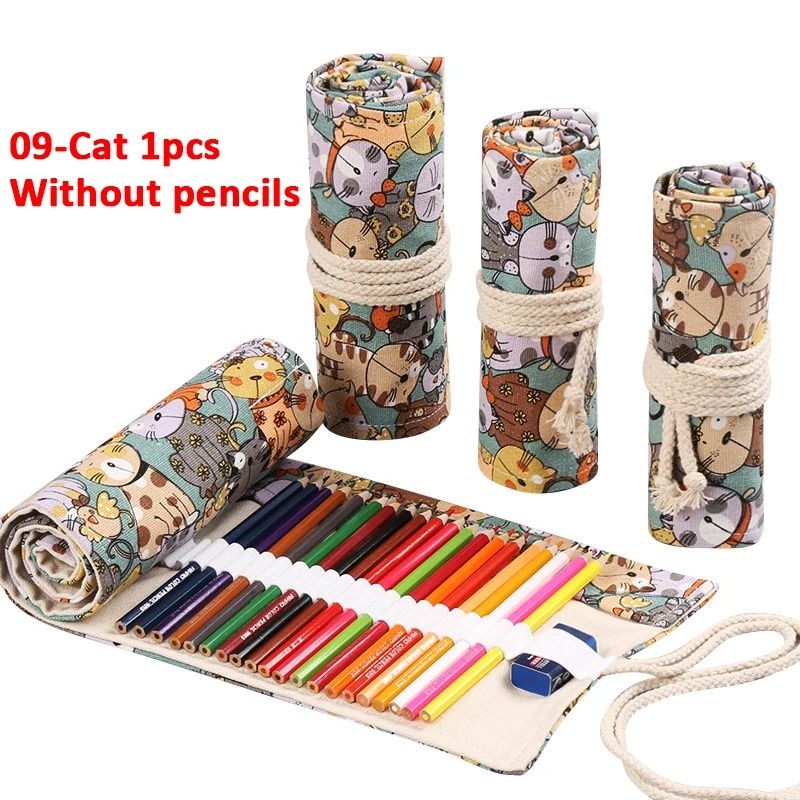 Canvas Roll Up Pencil Case 12 Slot Organizer for School and Art Supplies
