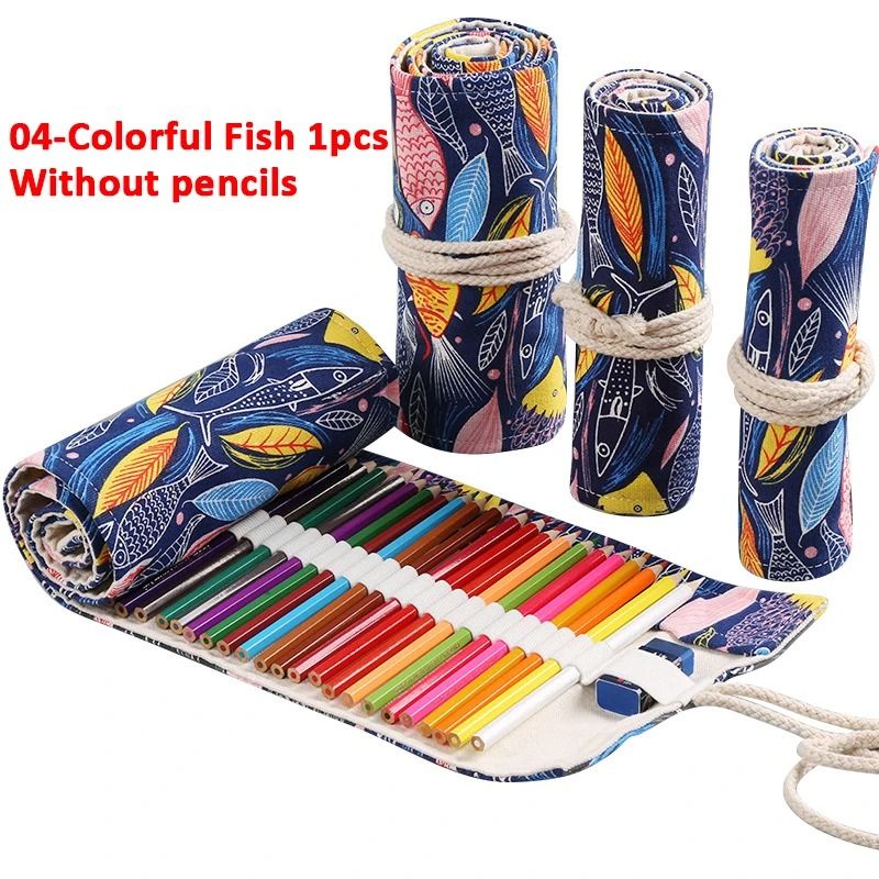 Canvas Roll Up Pencil Case 12 Slot Organizer for School and Art Supplies