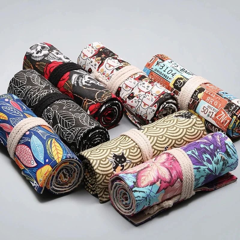 Canvas Roll Up Pencil Case 12 Slot Organizer for School and Art Supplies