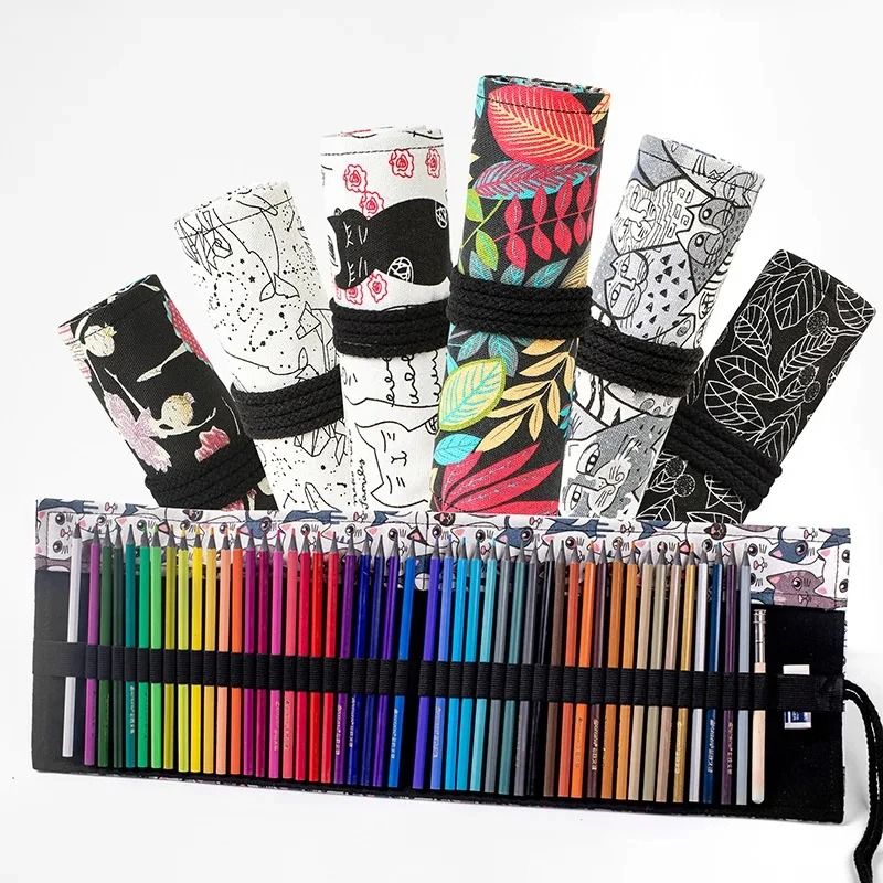 Canvas Roll Up Pencil Case 12 Slot Organizer for School and Art Supplies