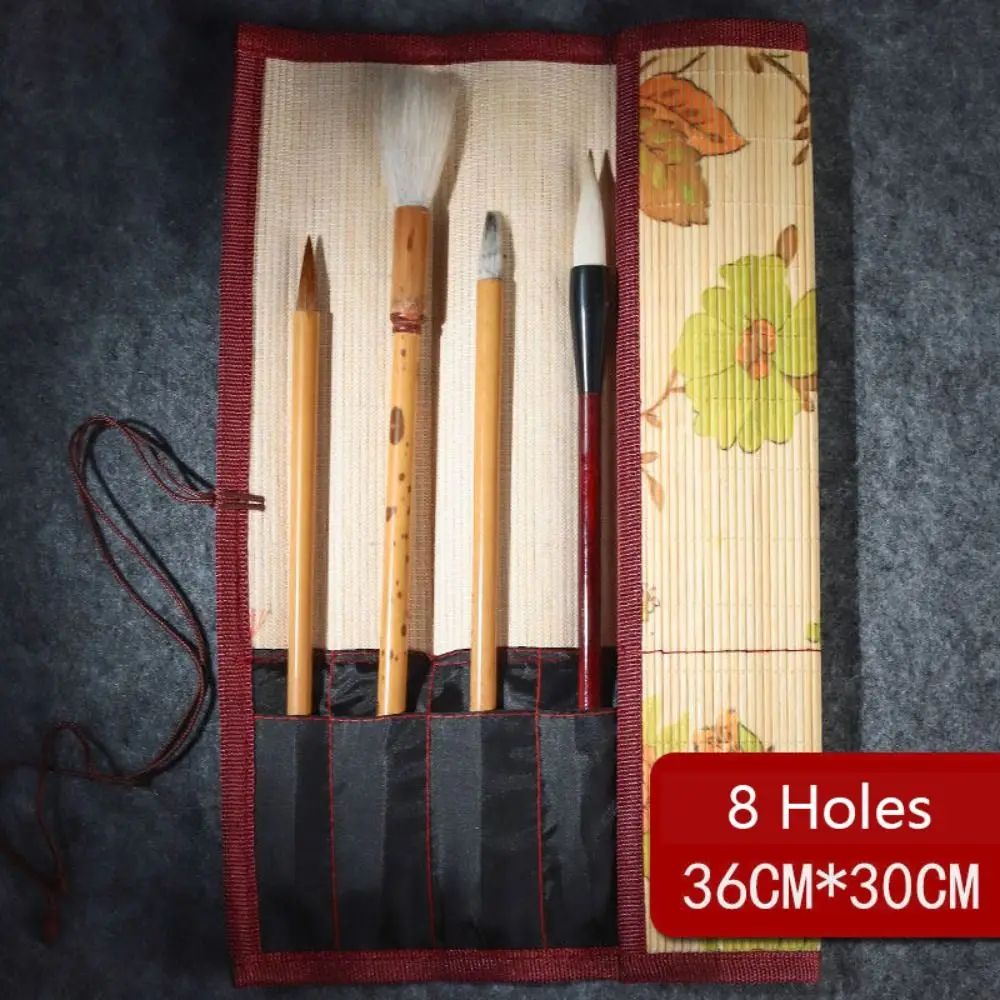 Chinese Style Bamboo Brush Holder Roll Up Case for Calligraphy Art Supplies