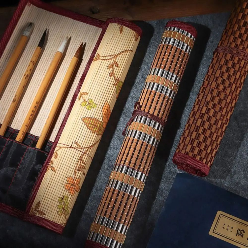 Chinese Style Bamboo Brush Holder Roll Up Case for Calligraphy Art Supplies