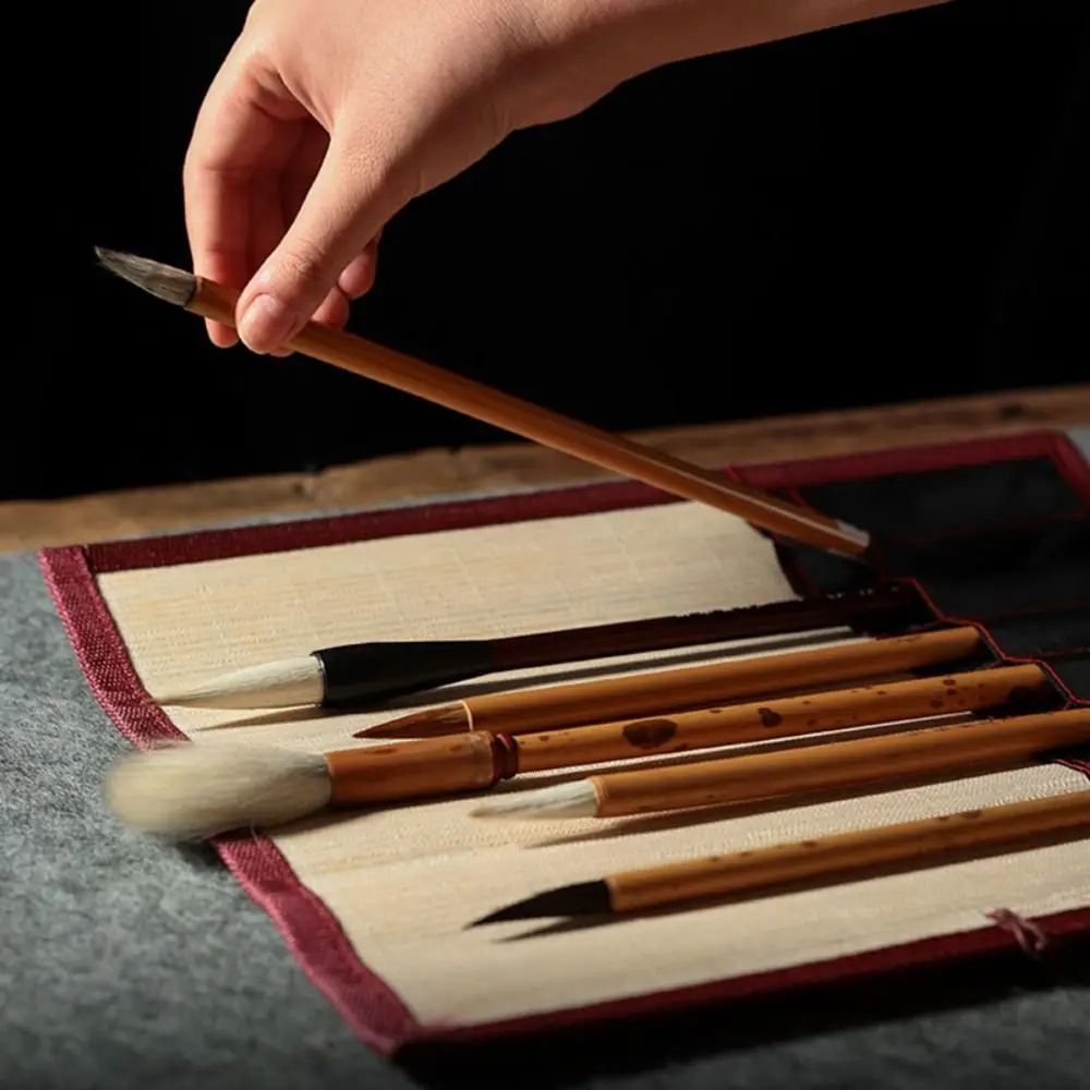 Chinese Style Bamboo Brush Holder Roll Up Case for Calligraphy Art Supplies