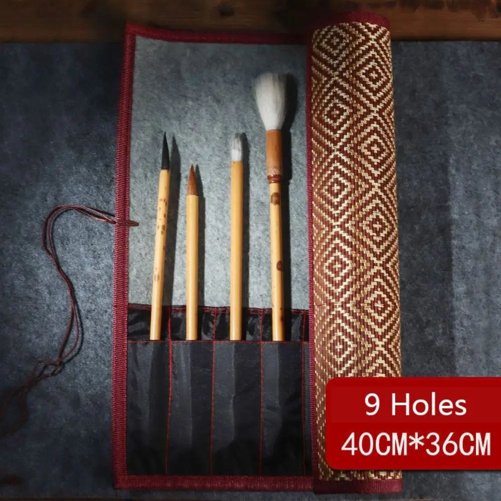 Chinese Style Bamboo Brush Holder Roll Up Case for Calligraphy Art Supplies