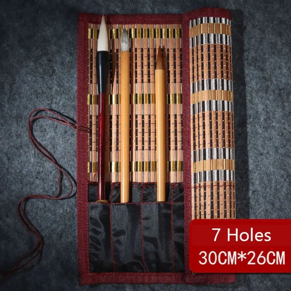 Chinese Style Bamboo Brush Holder Roll Up Case for Calligraphy Art Supplies