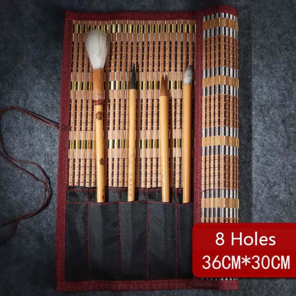 Chinese Style Bamboo Brush Holder Roll Up Case for Calligraphy Art Supplies