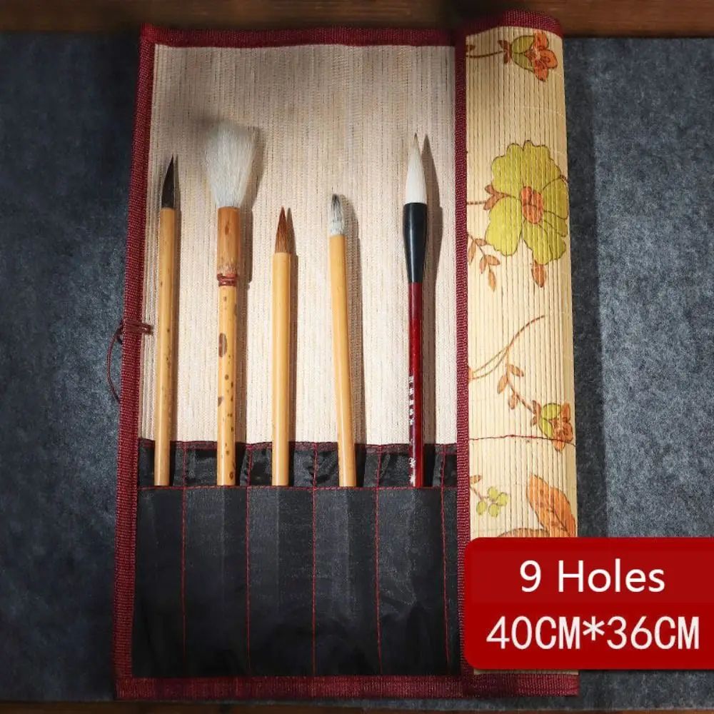 Chinese Style Bamboo Brush Holder Roll Up Case for Calligraphy Art Supplies