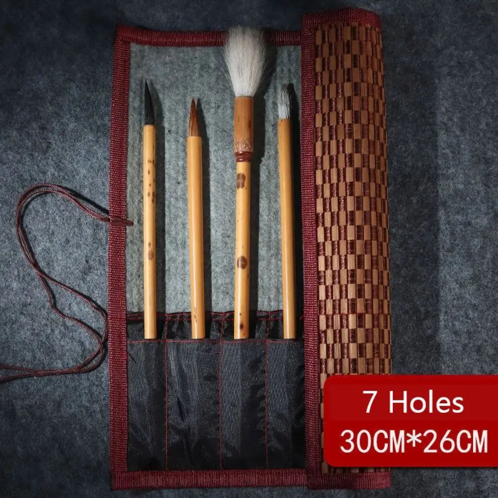 Chinese Style Bamboo Brush Holder Roll Up Case for Calligraphy Art Supplies