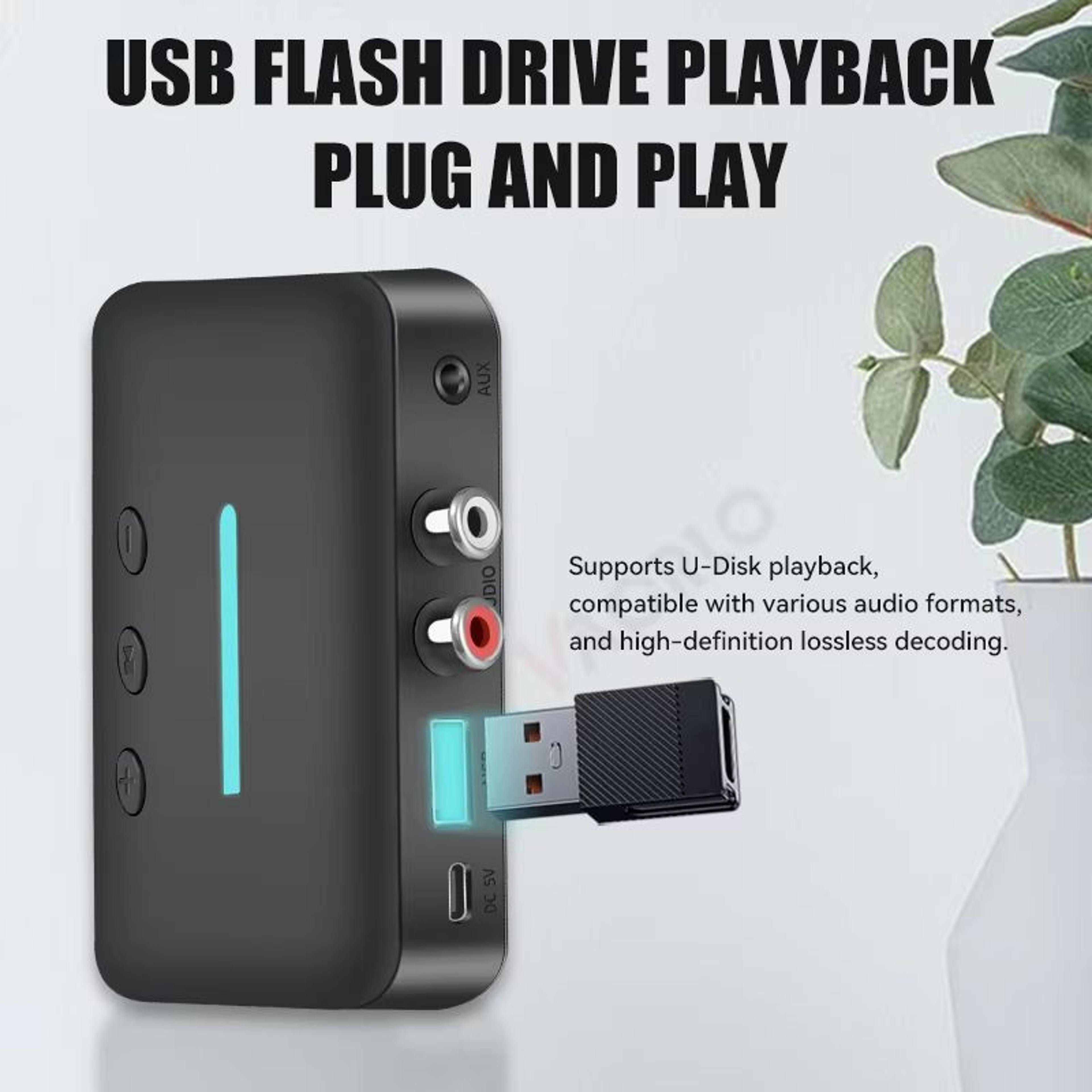 USB Bluetooth 5.3 Audio Receiver Adapter Wireless AUX RCA Stereo Receiver with U-Disk Playback for Desktop, Speakers