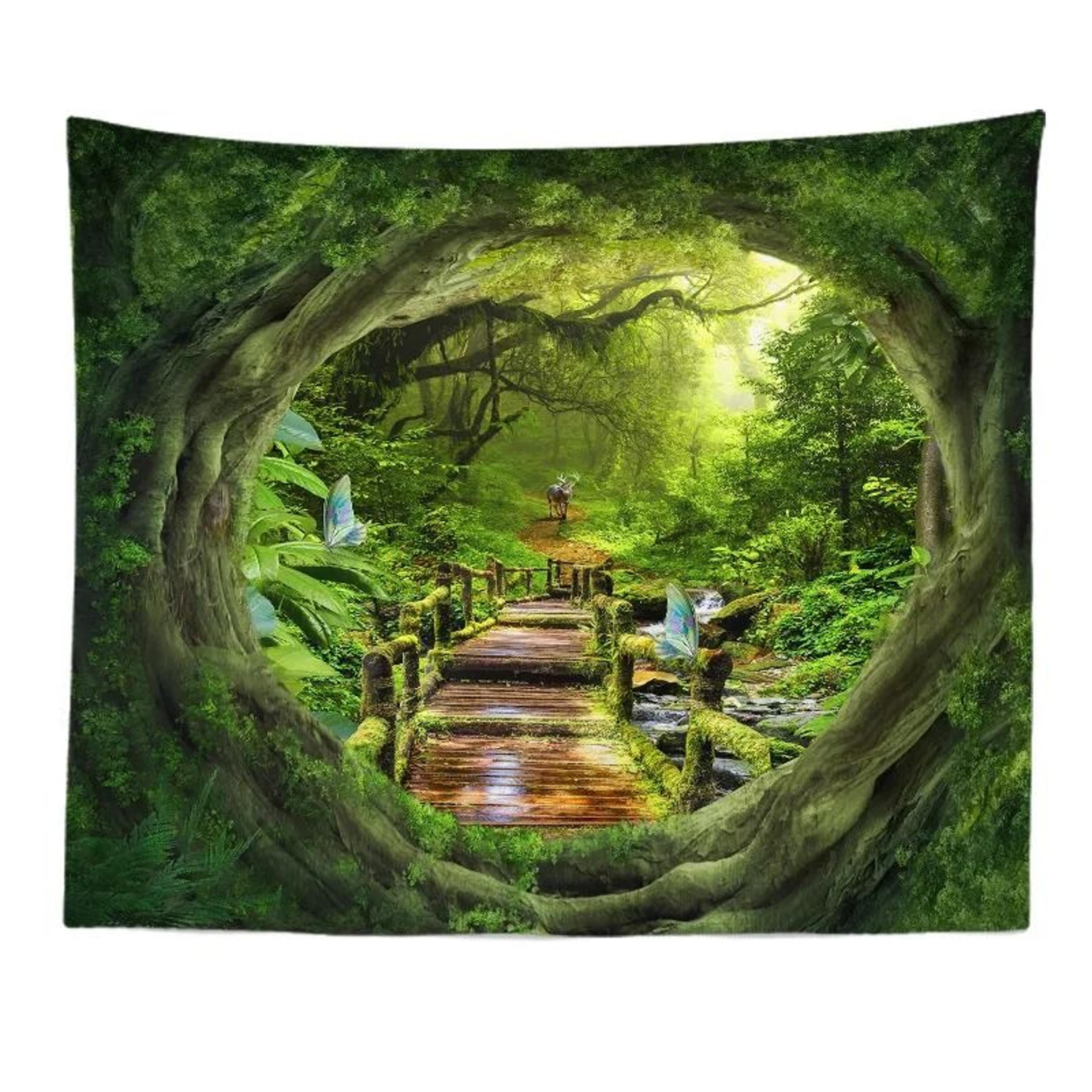3D Window Scenery Tapestry Forest View Wall Hanging Mural Cloth Decor