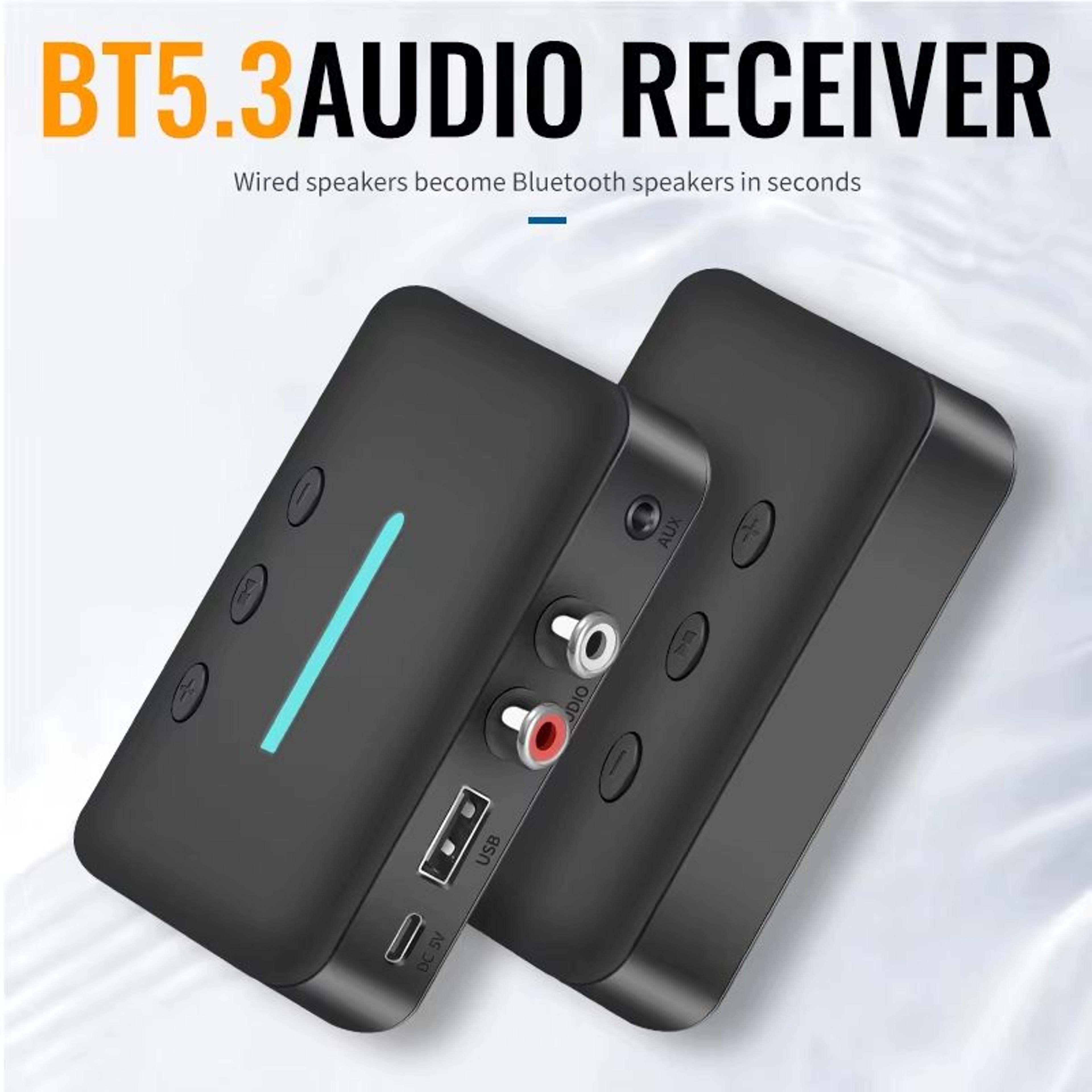 USB Bluetooth 5.3 Audio Receiver Adapter Wireless AUX RCA Stereo Receiver with U-Disk Playback for Desktop, Speakers