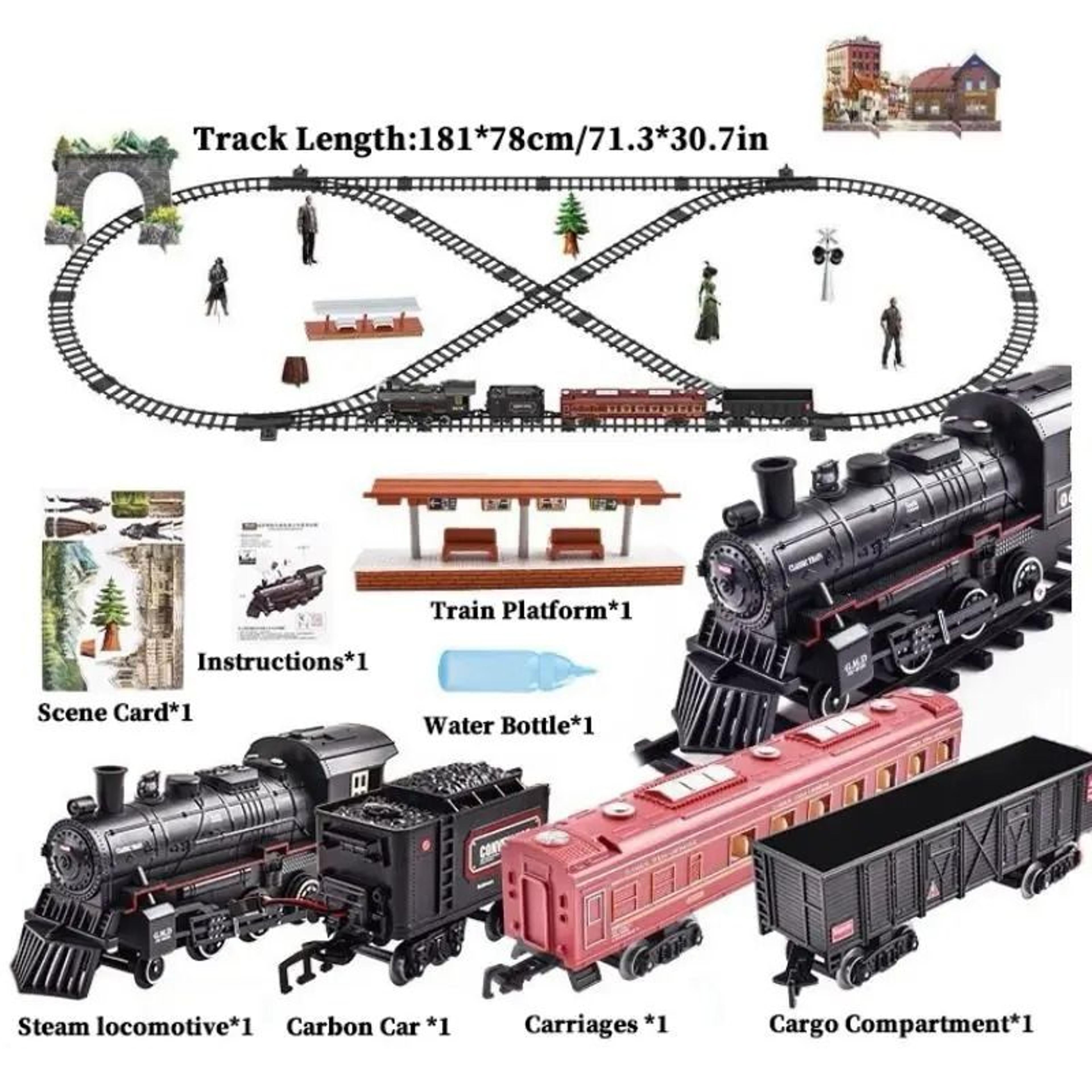 Electric Railway Train Set with Steam Locomotive, Smoke, Light and Sound