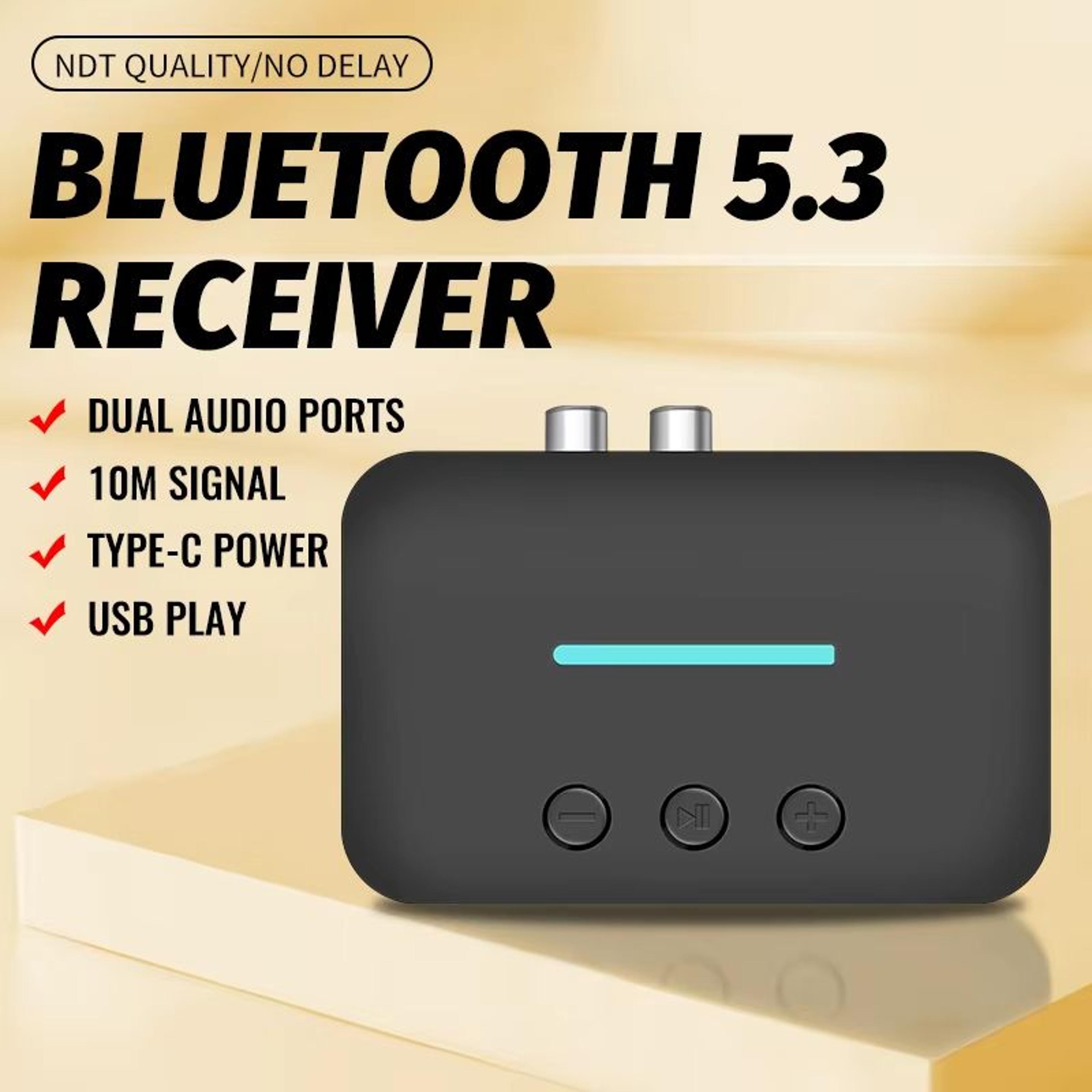 USB Bluetooth 5.3 Audio Receiver Adapter Wireless AUX RCA Stereo Receiver with U-Disk Playback for Desktop, Speakers