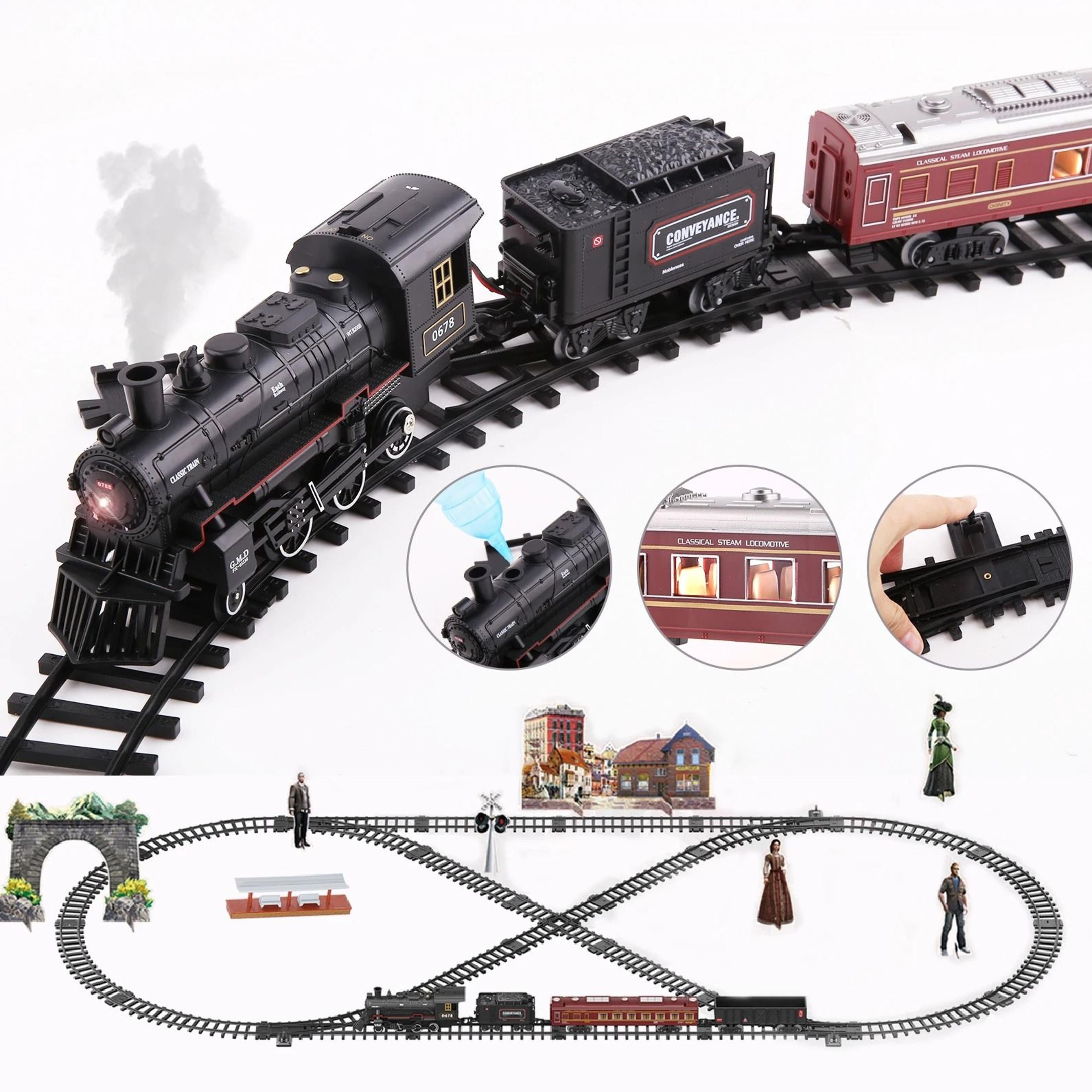 Electric Railway Train Set with Steam Locomotive, Smoke, Light and Sound
